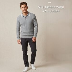 Merino Wool Cotton Blend Ribbed Polo Sweater Made In Hong Kong Sz L Gray